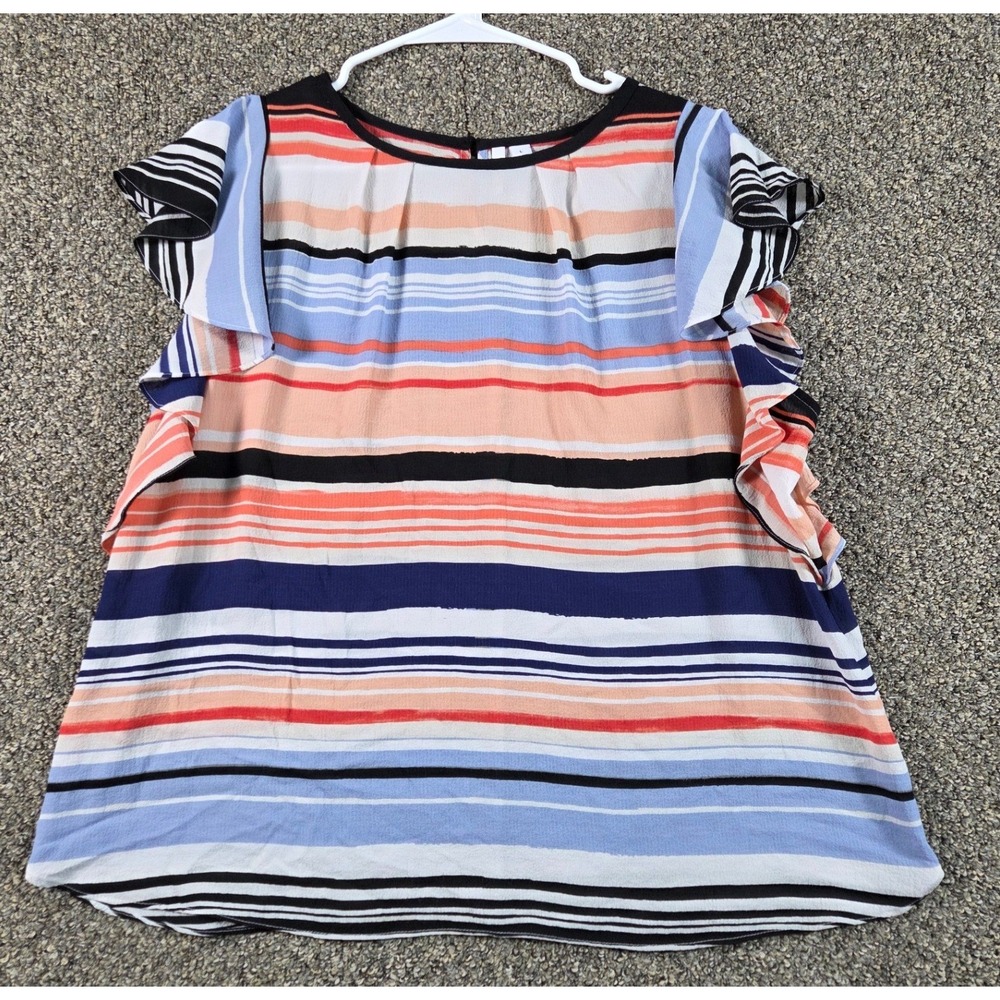 Elle Blouse Womens Large Multicolor Flutter Sleeve Striped Office Top
